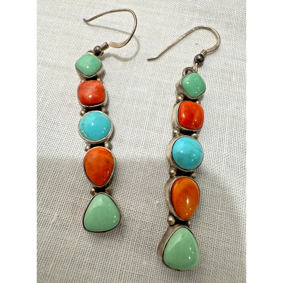 Milton Lee Sterling Multicolor Stone Earrings 2" Long Dangle Turquoise Signed - Picture 1 of 5